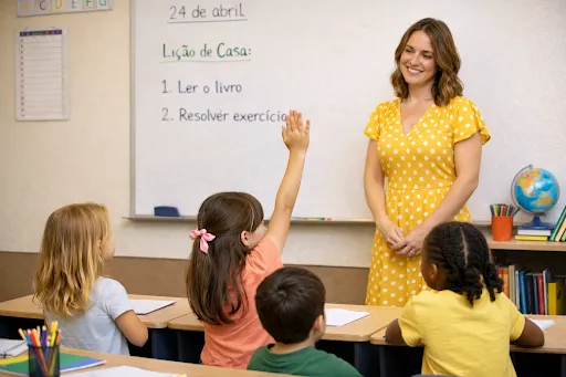 ALUNA LEVANTANDO A MÃO PARA FALAR