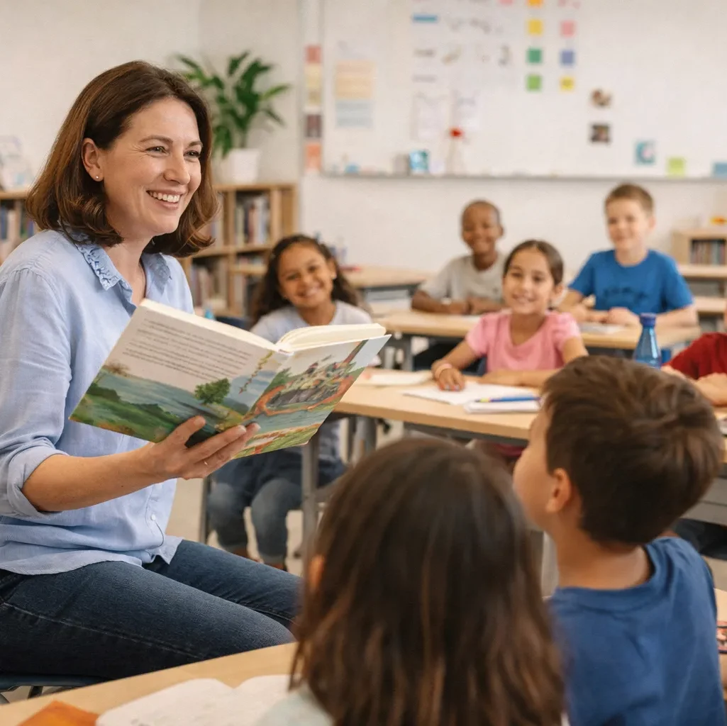 professora realizando leitura deleite para seus alunos