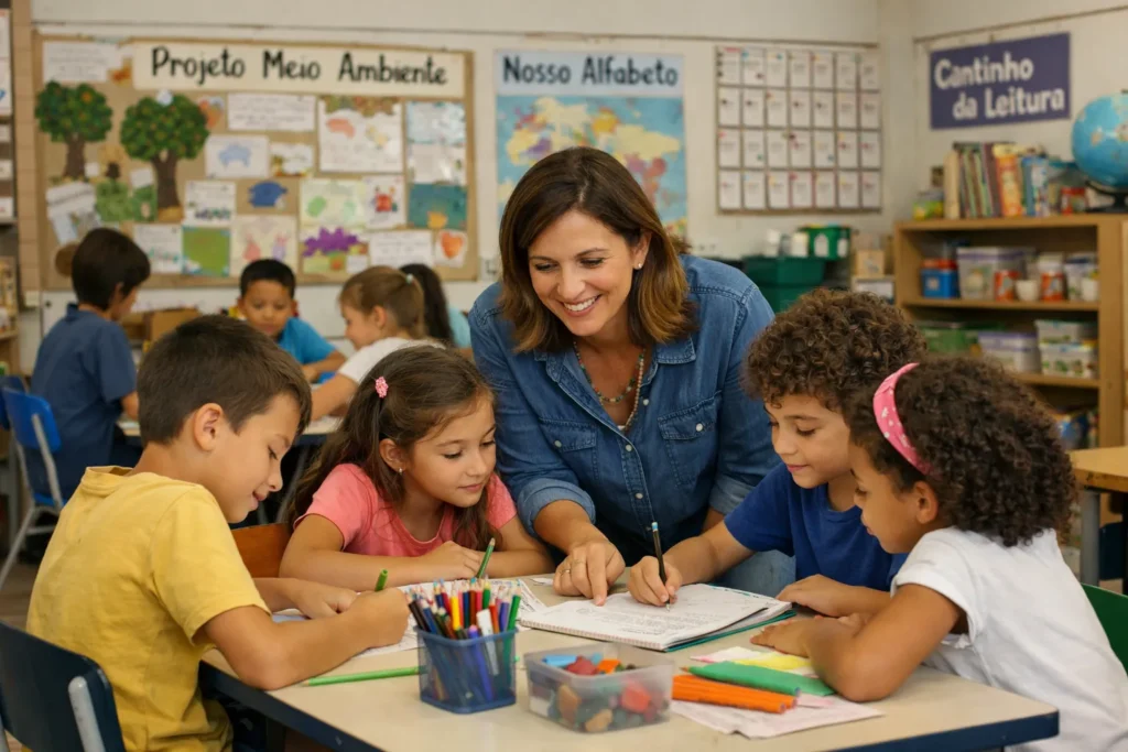 professora interagindo com alunos