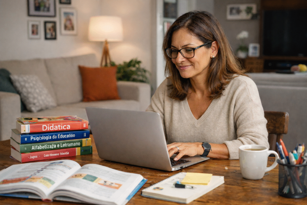 professora estudando em casa com notebook e livros pedagógicos